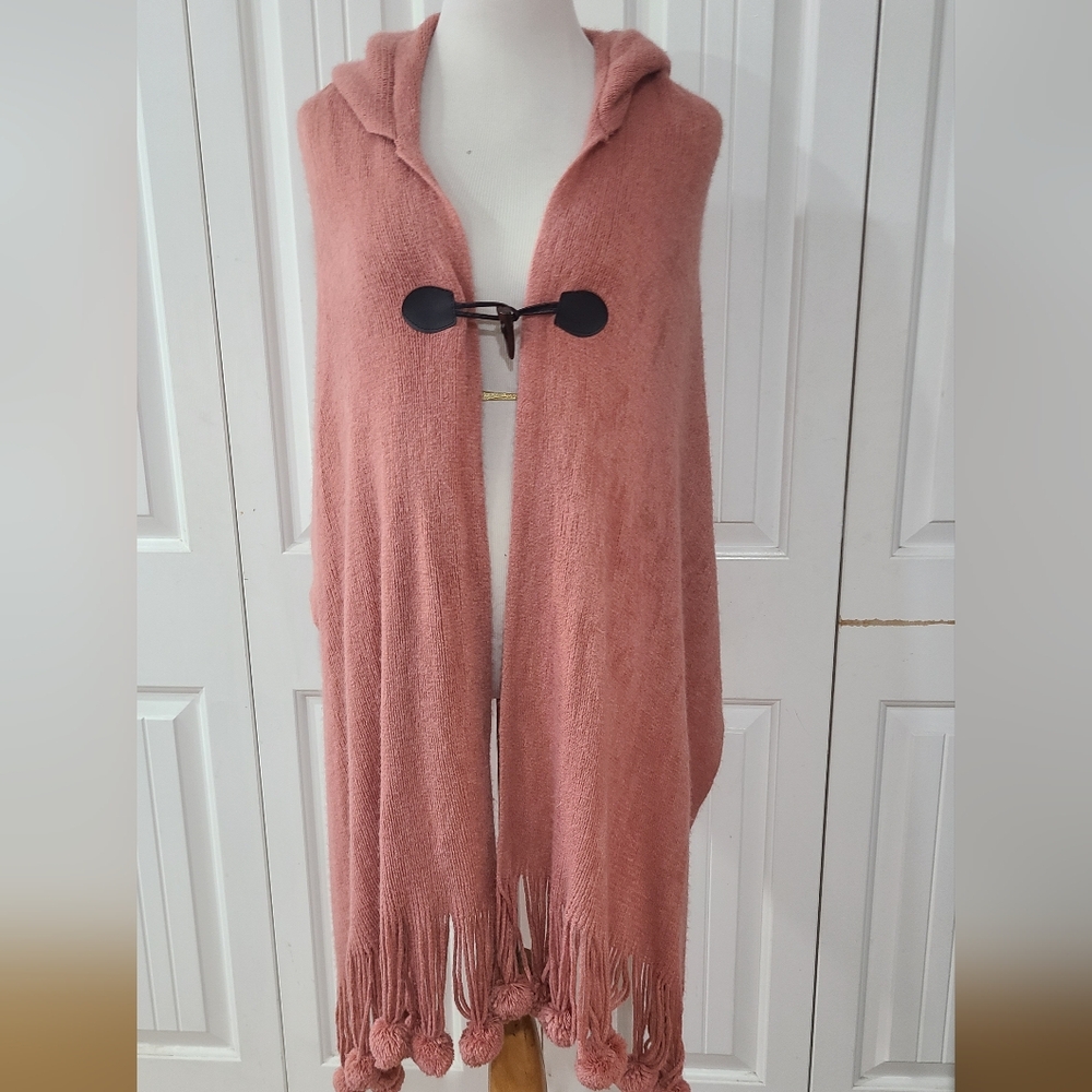 Women's Pink Hooded Shawl / Poncho with Pompom Fringe
